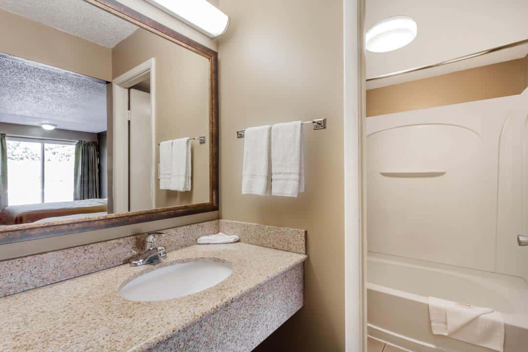 Hotel room bathroom.