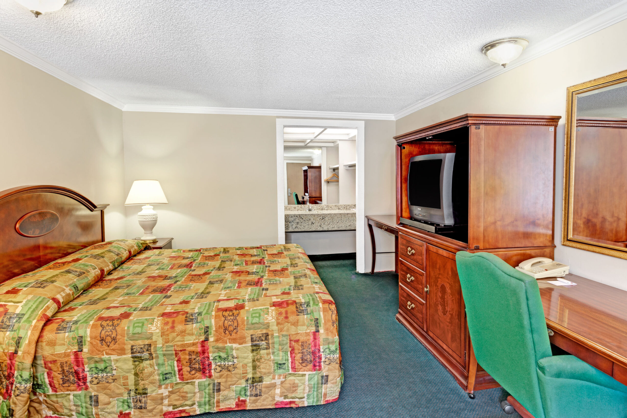 Hotel room with a double bed.