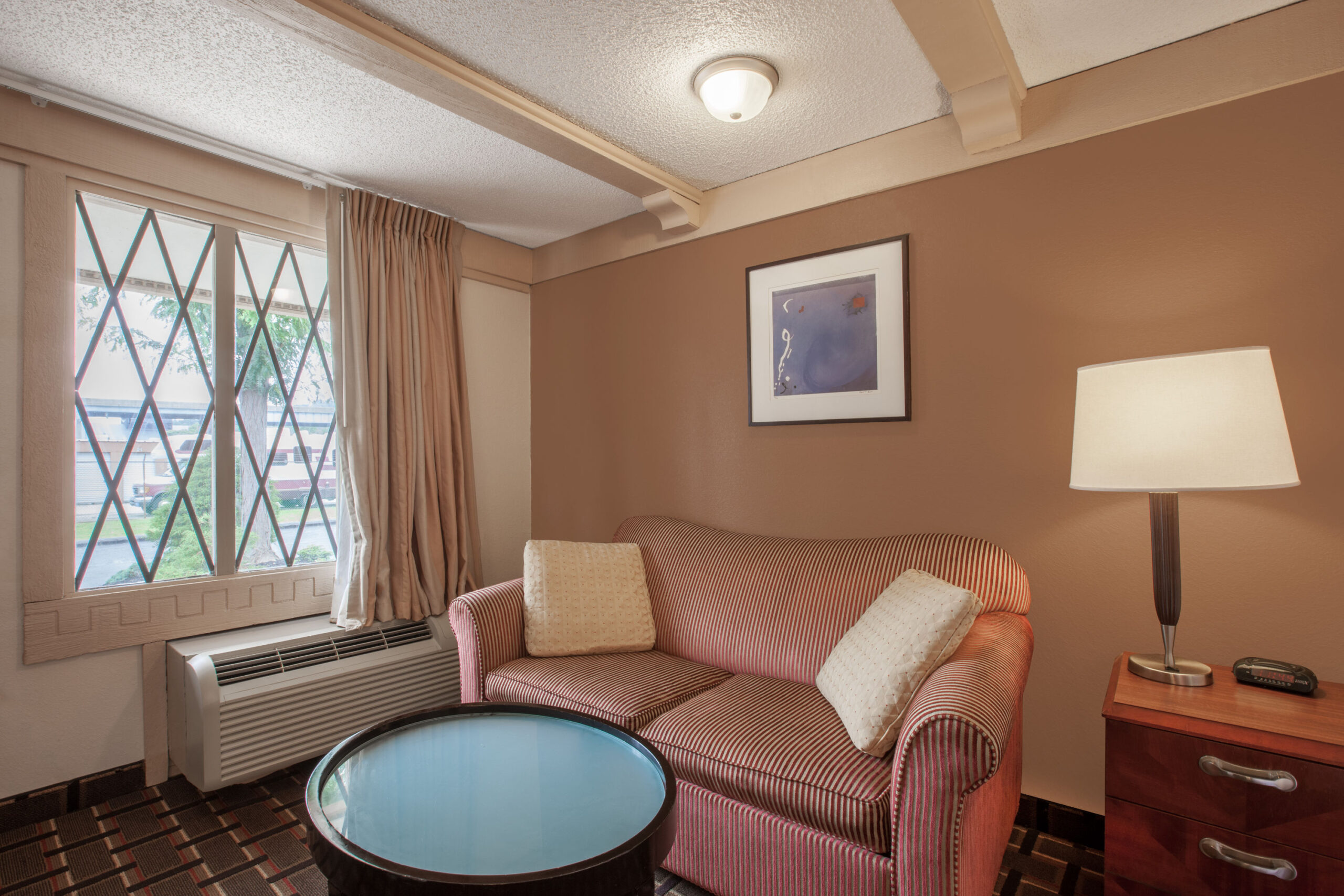 Hotel room seating area.