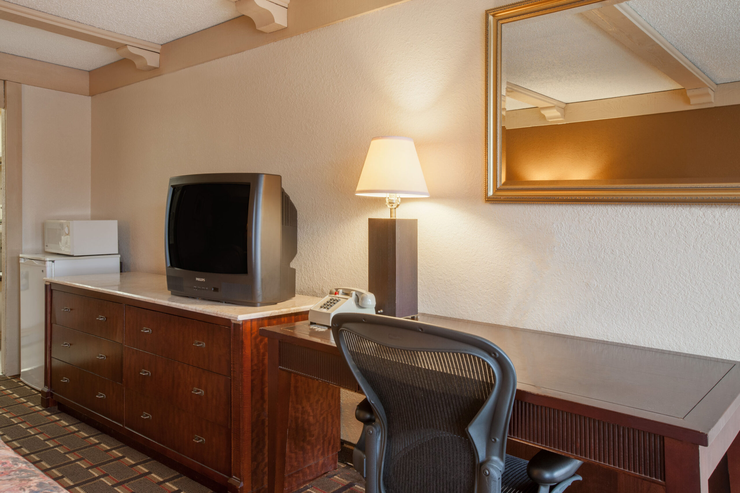 Hotel room work area.