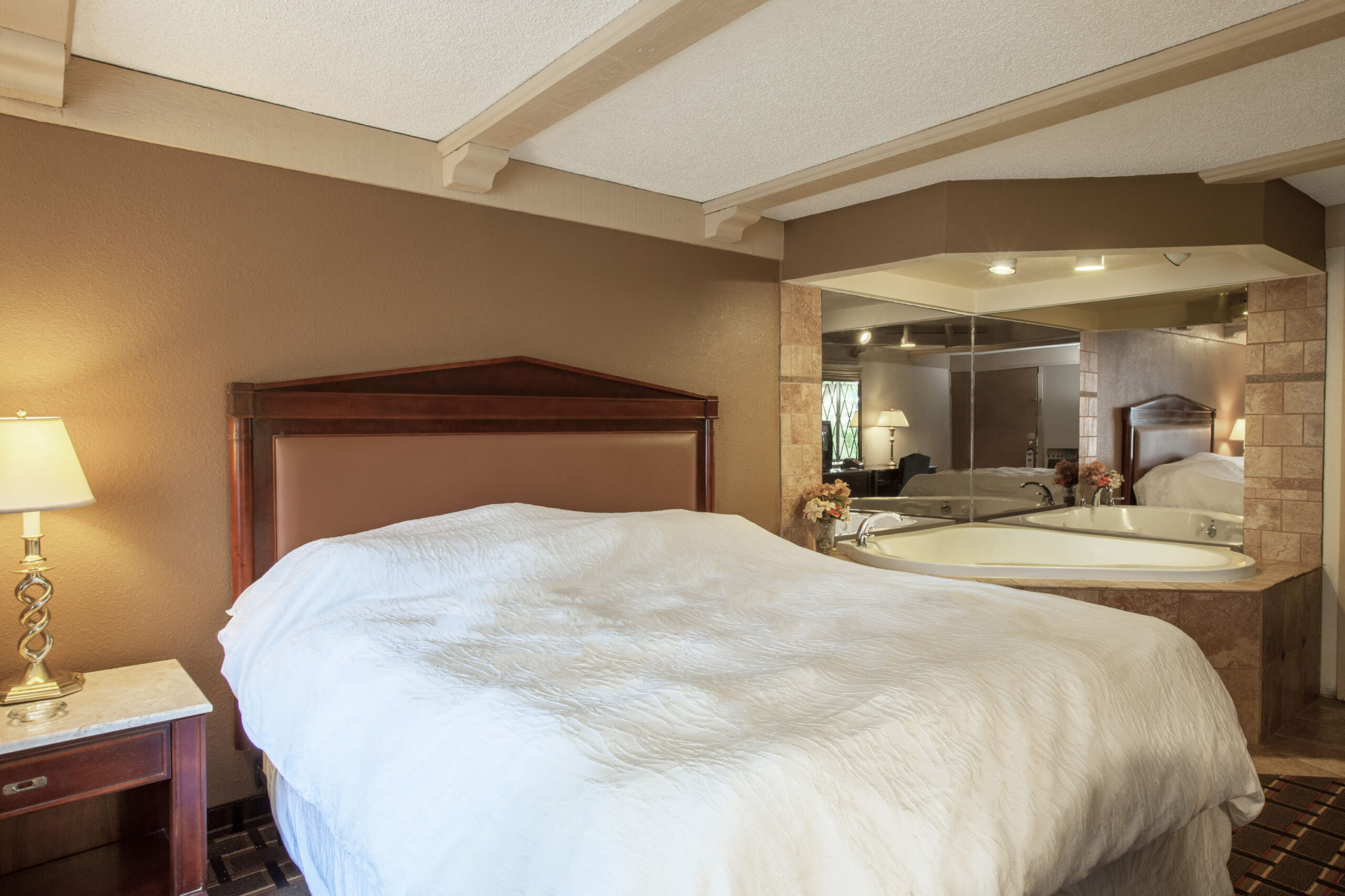 Hotel room with a king bed.