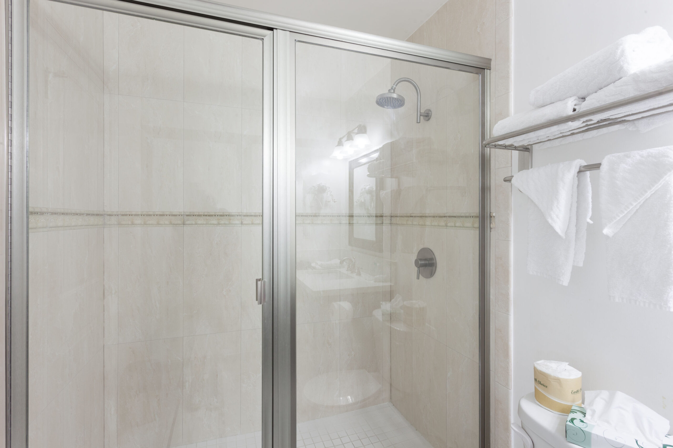 Hotel room shower cabin.
