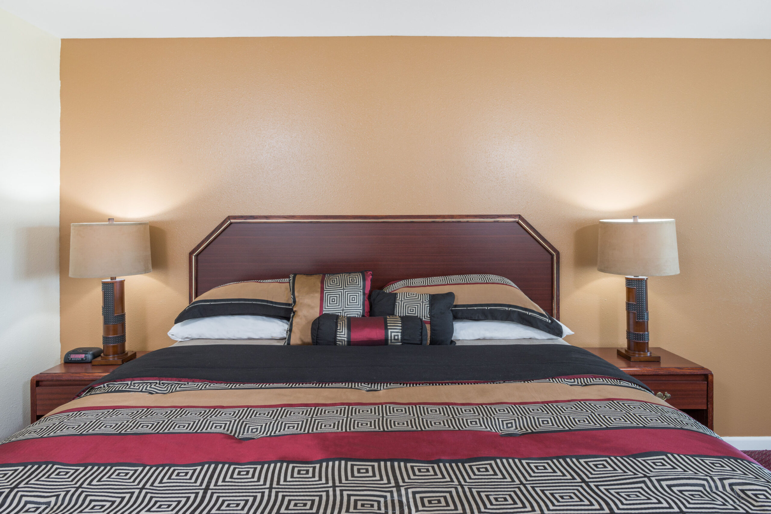 Hotel room with a king bed.