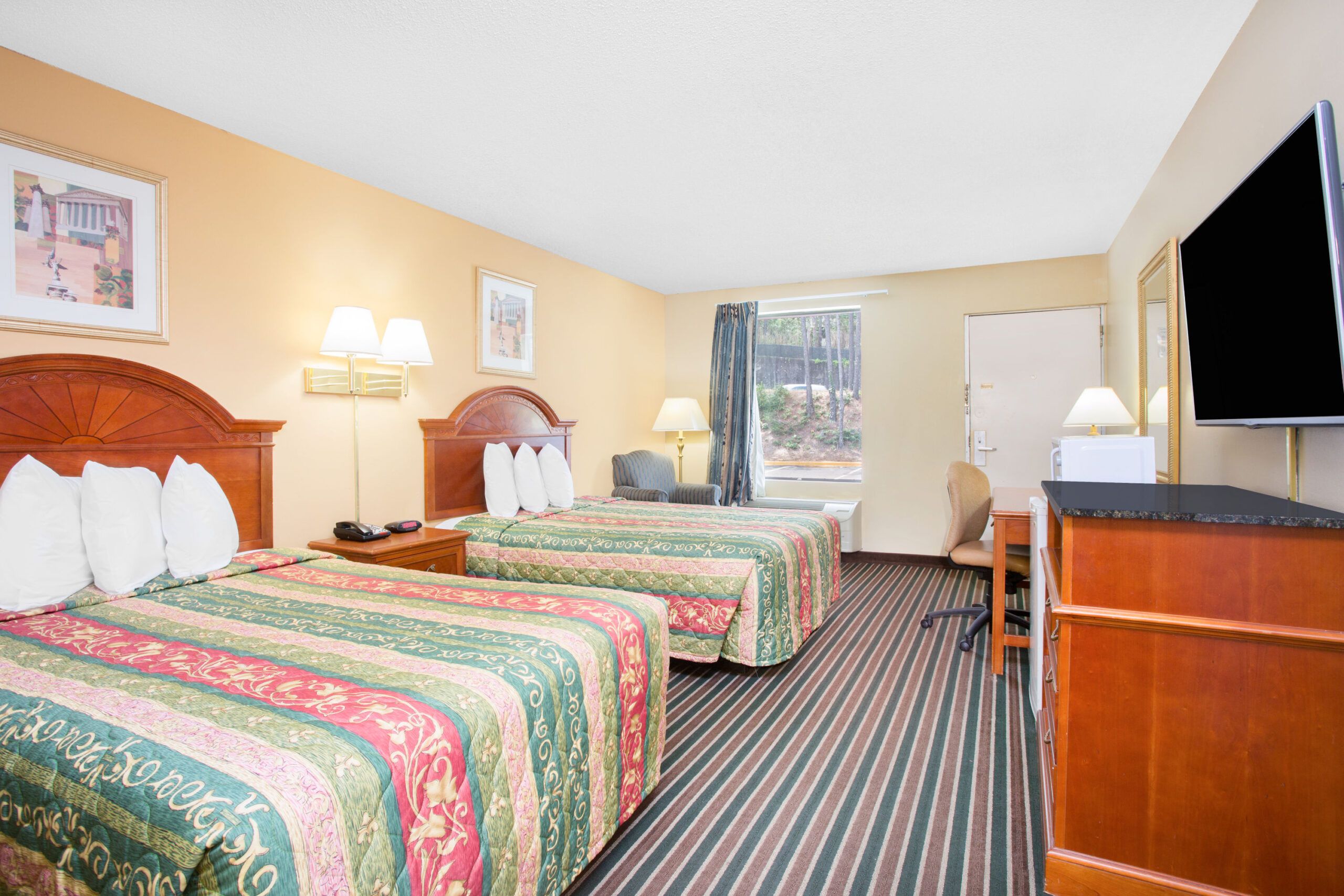 Hotel room with two beds.