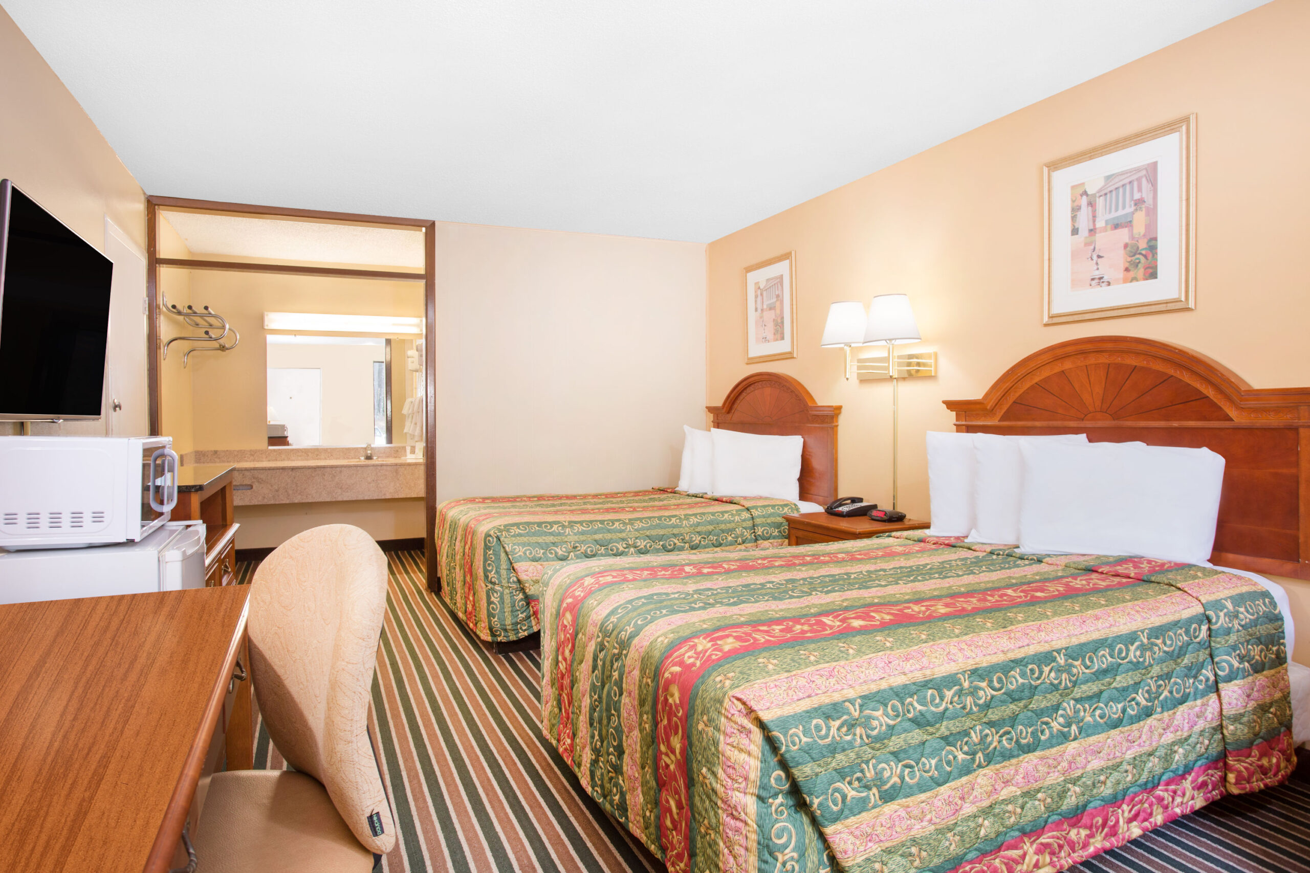 Hotel room with two beds.