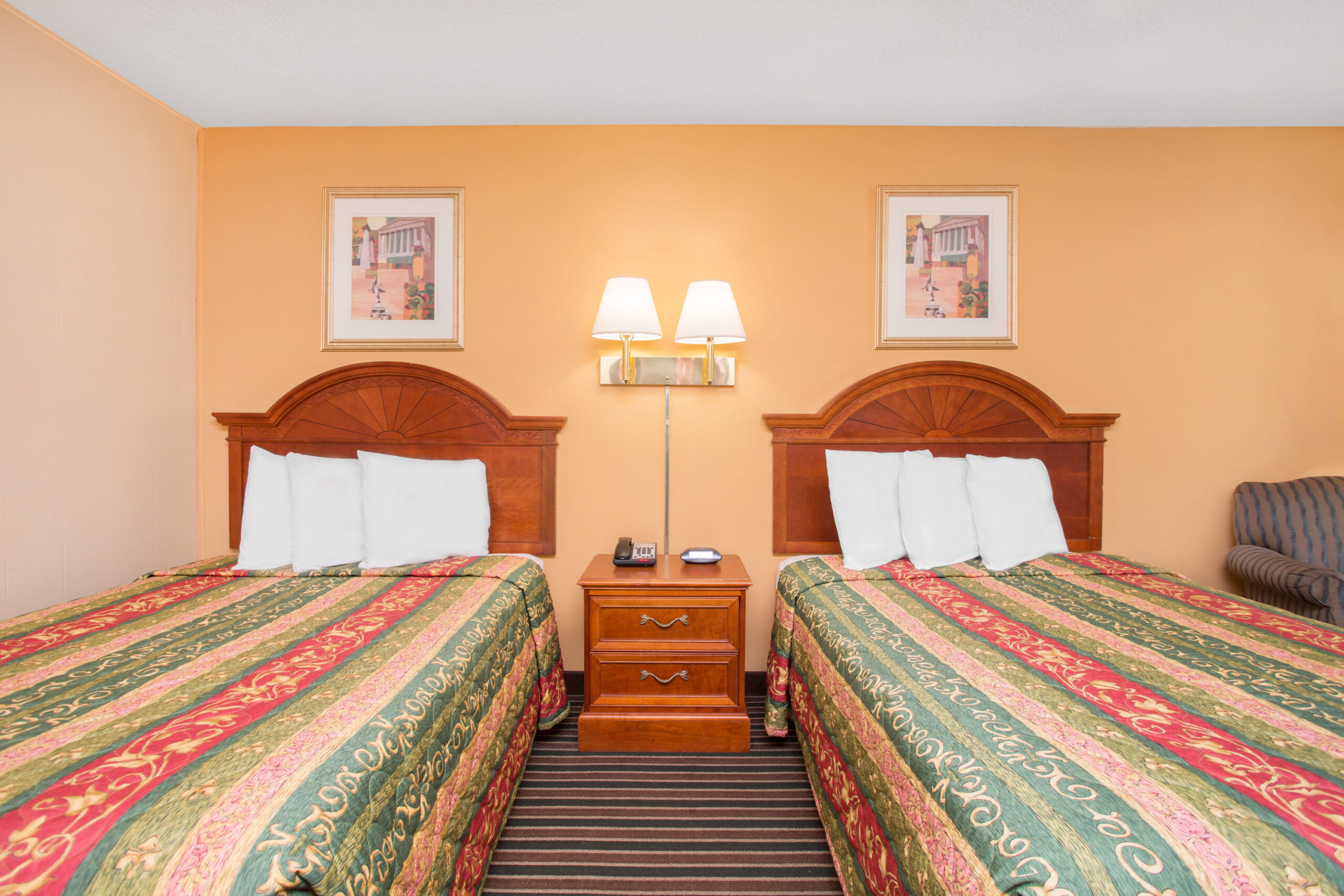Hotel room with two beds.