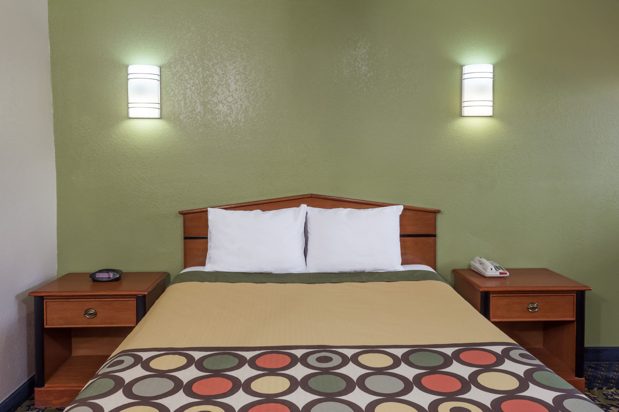 Hotel room with a double bed.