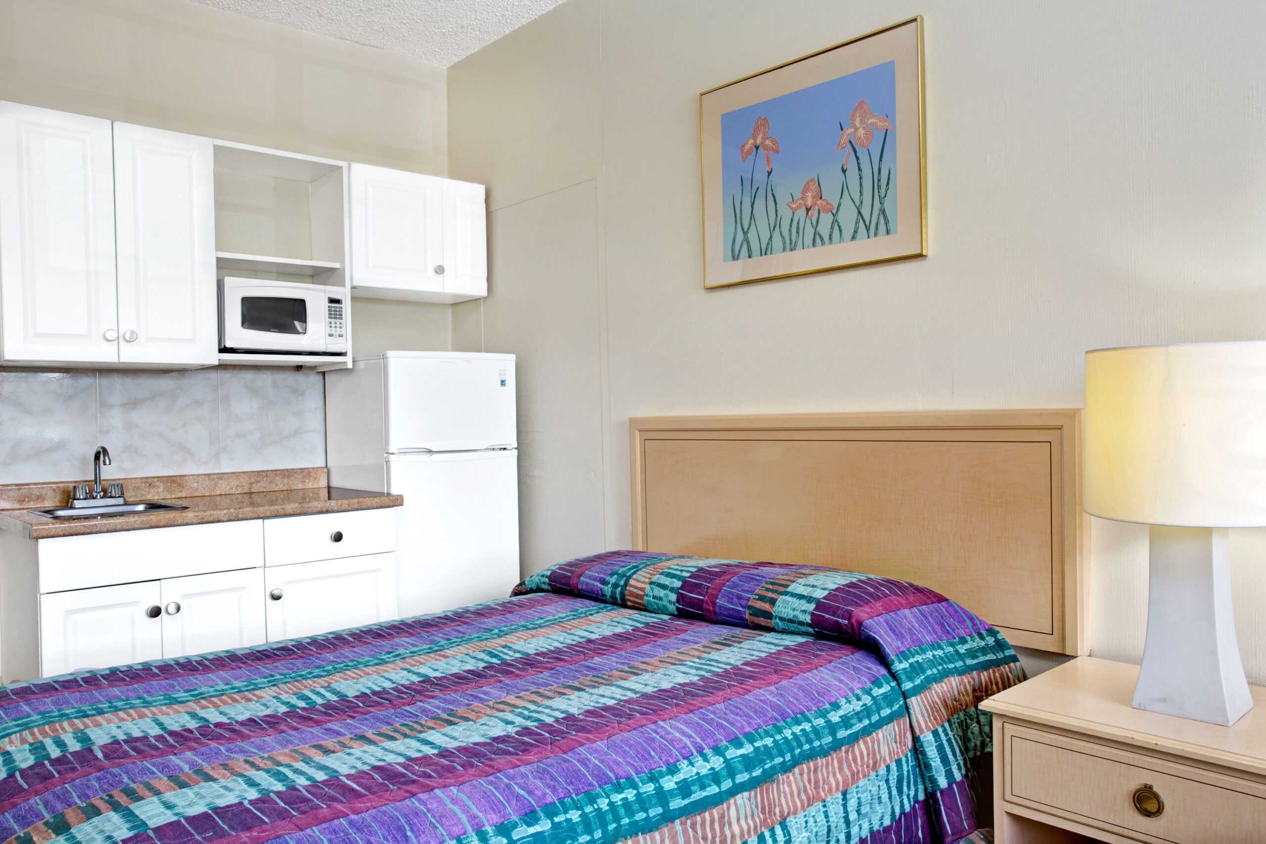 Hotel room with a double bed and kitchenette.