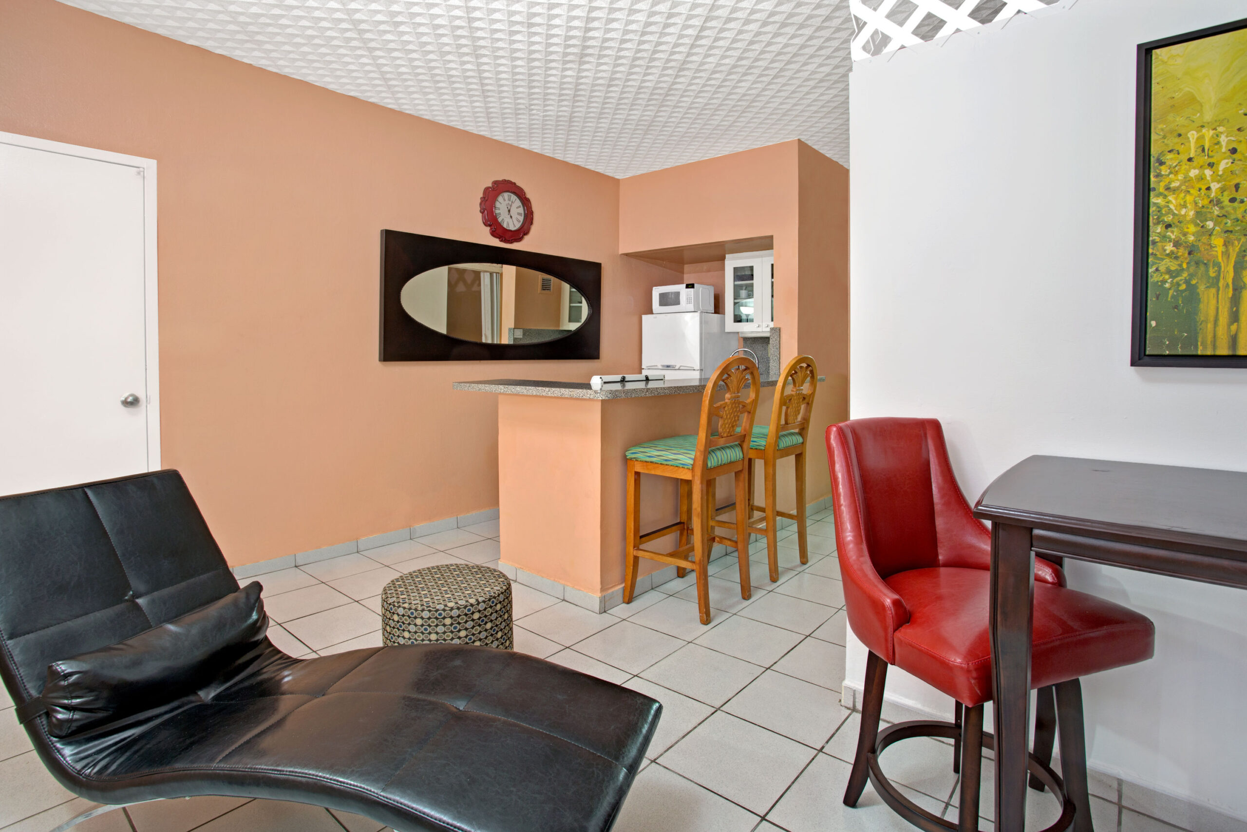 Hotel room living area.
