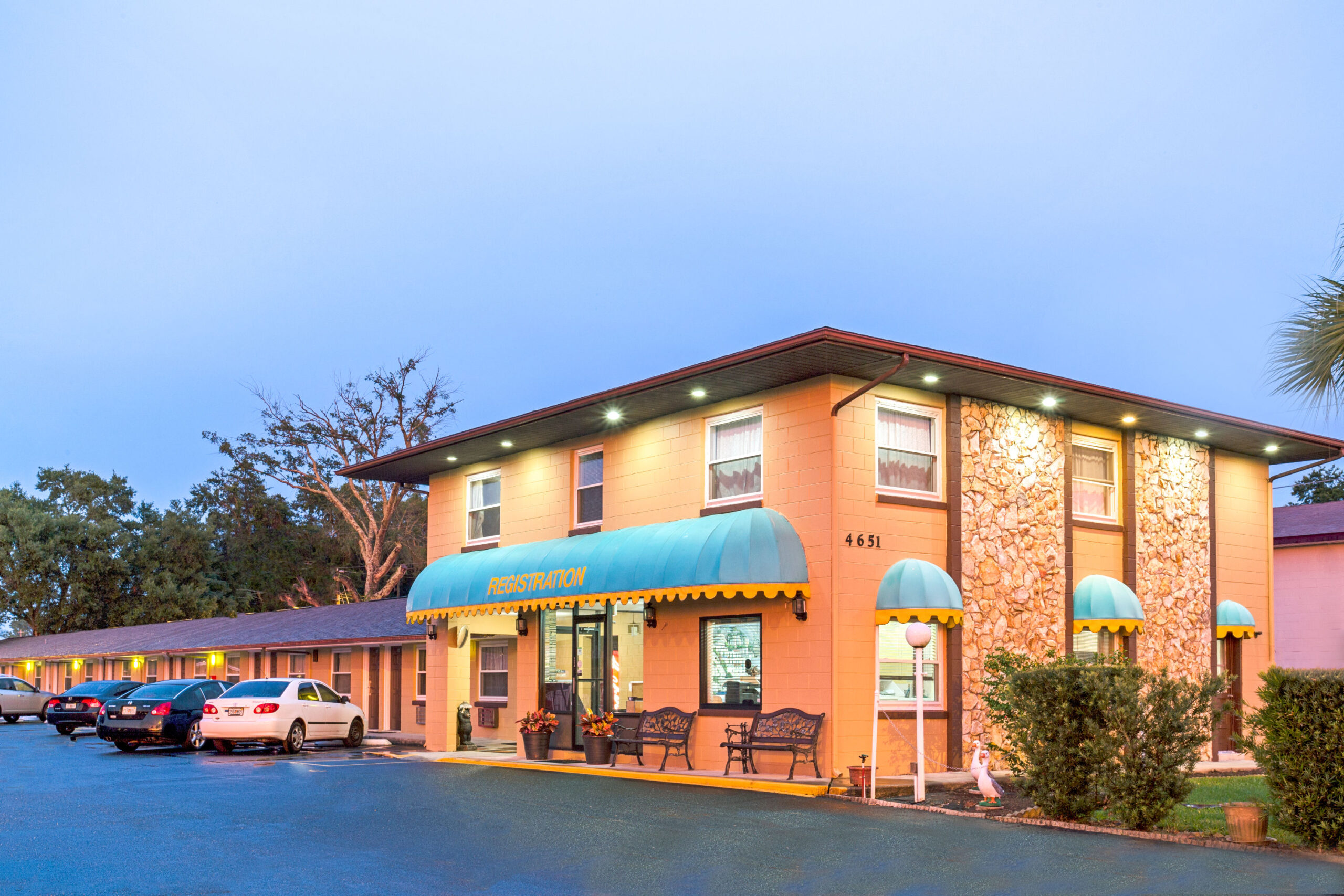 Hotel exterior in sunset.