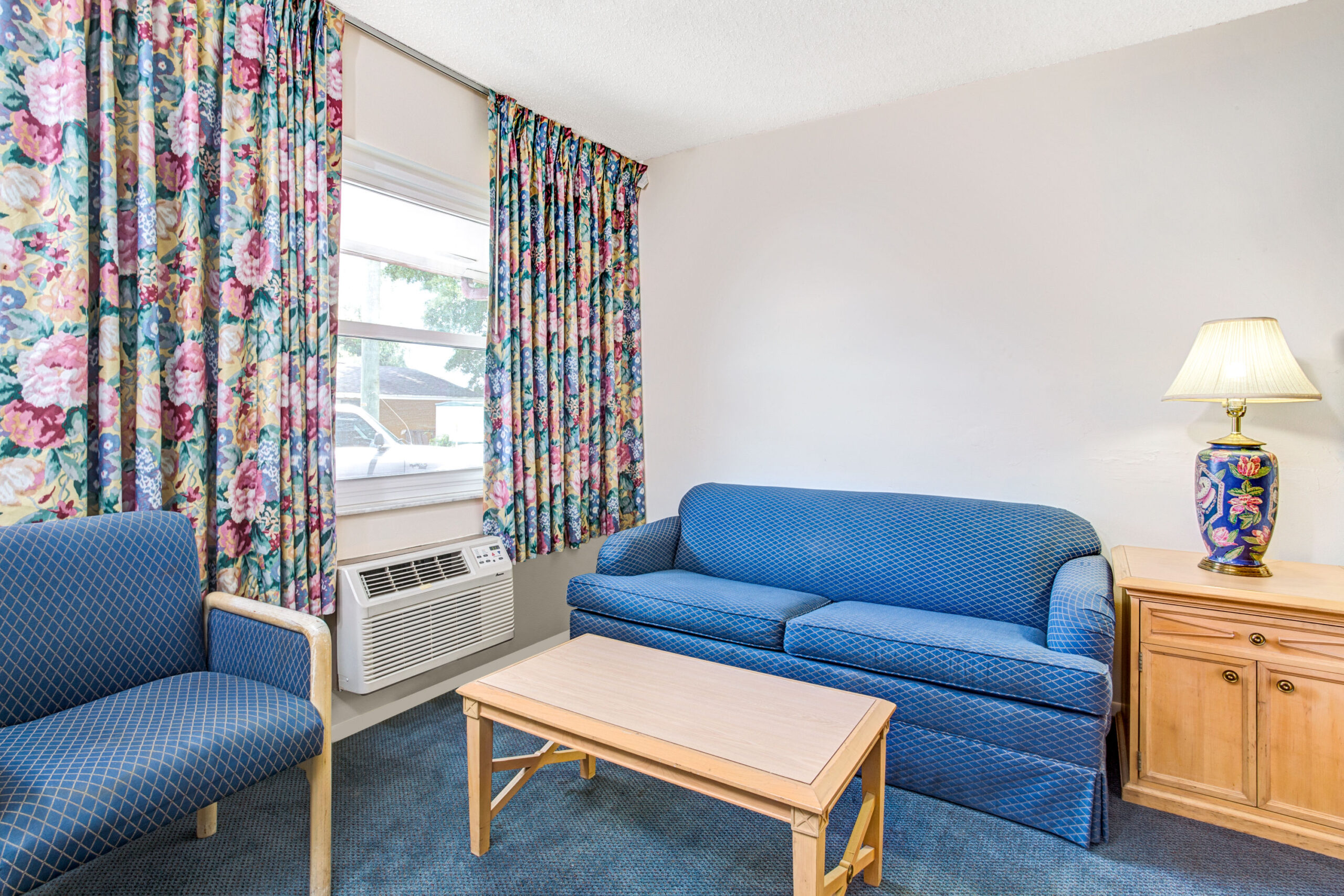 Hotel room living area.
