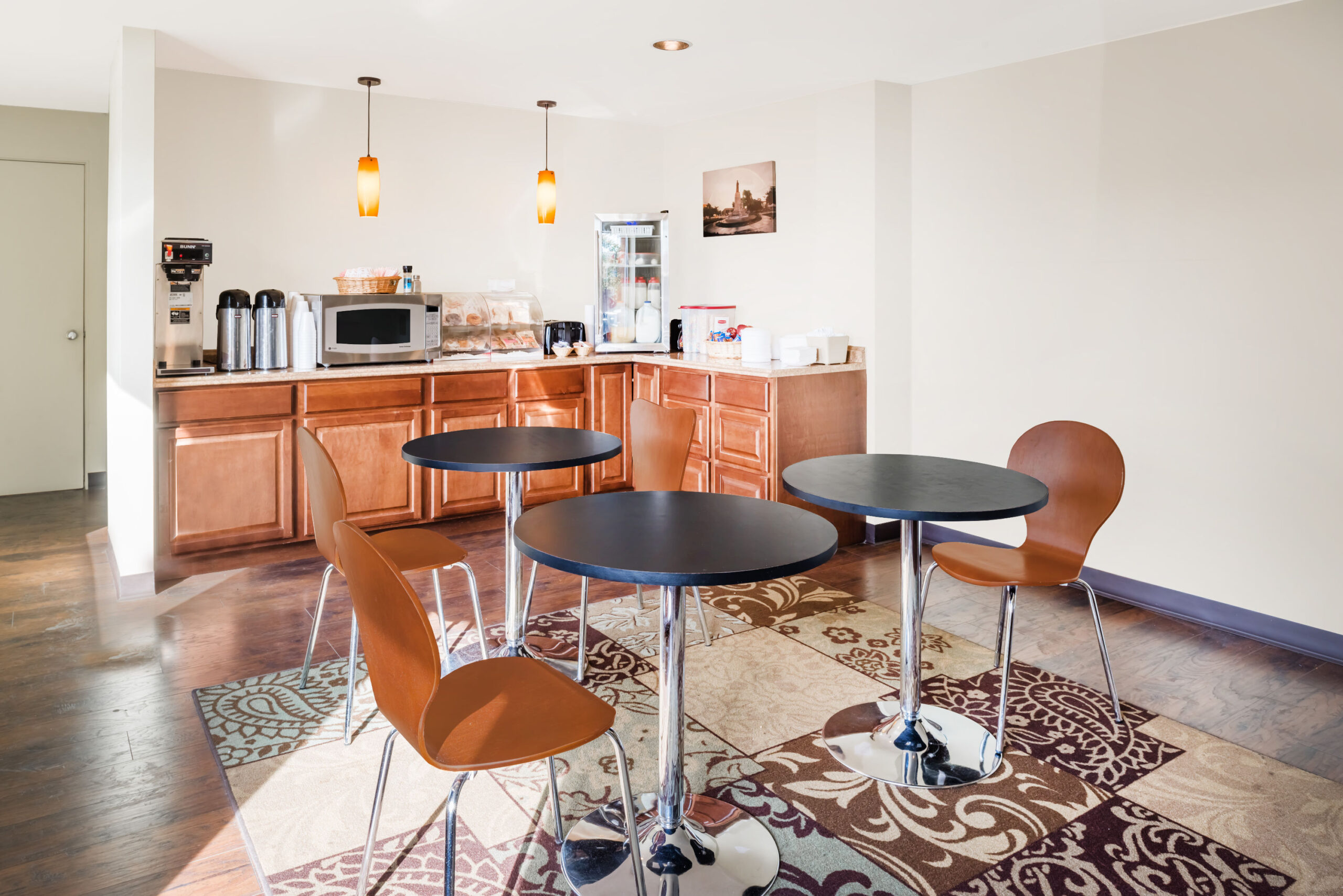 Hotel breakfast dining area.
