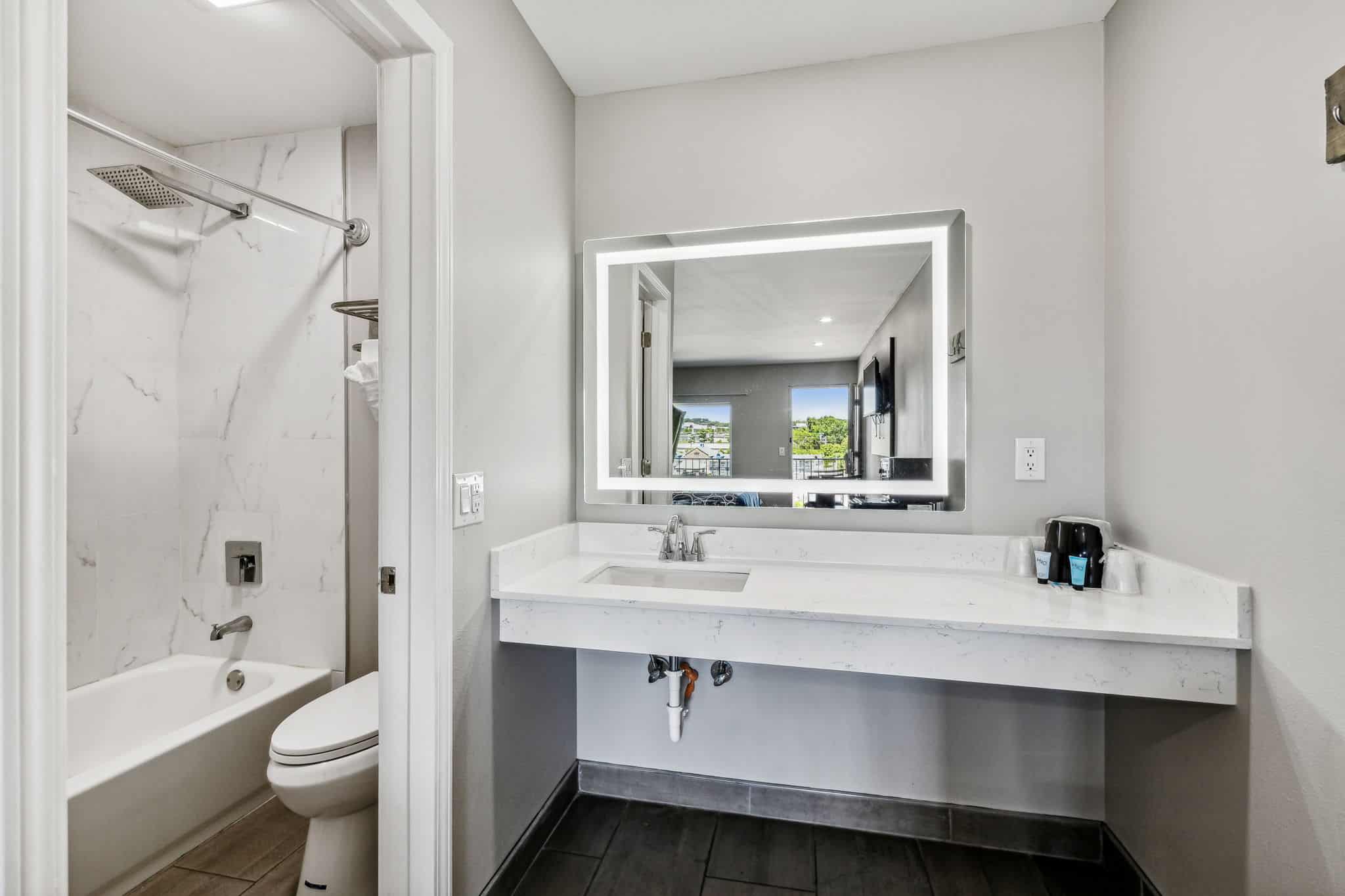 A guest bathroom at the Knights Inn Antioch hotel.
