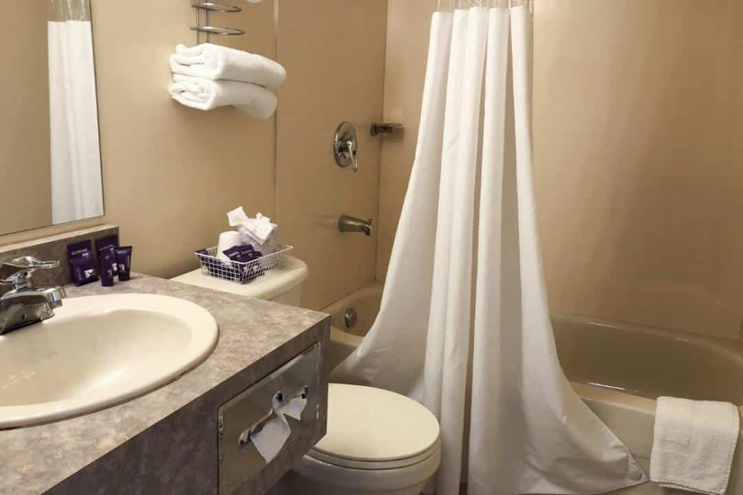 Bathroom with sink, toilet, and shower.