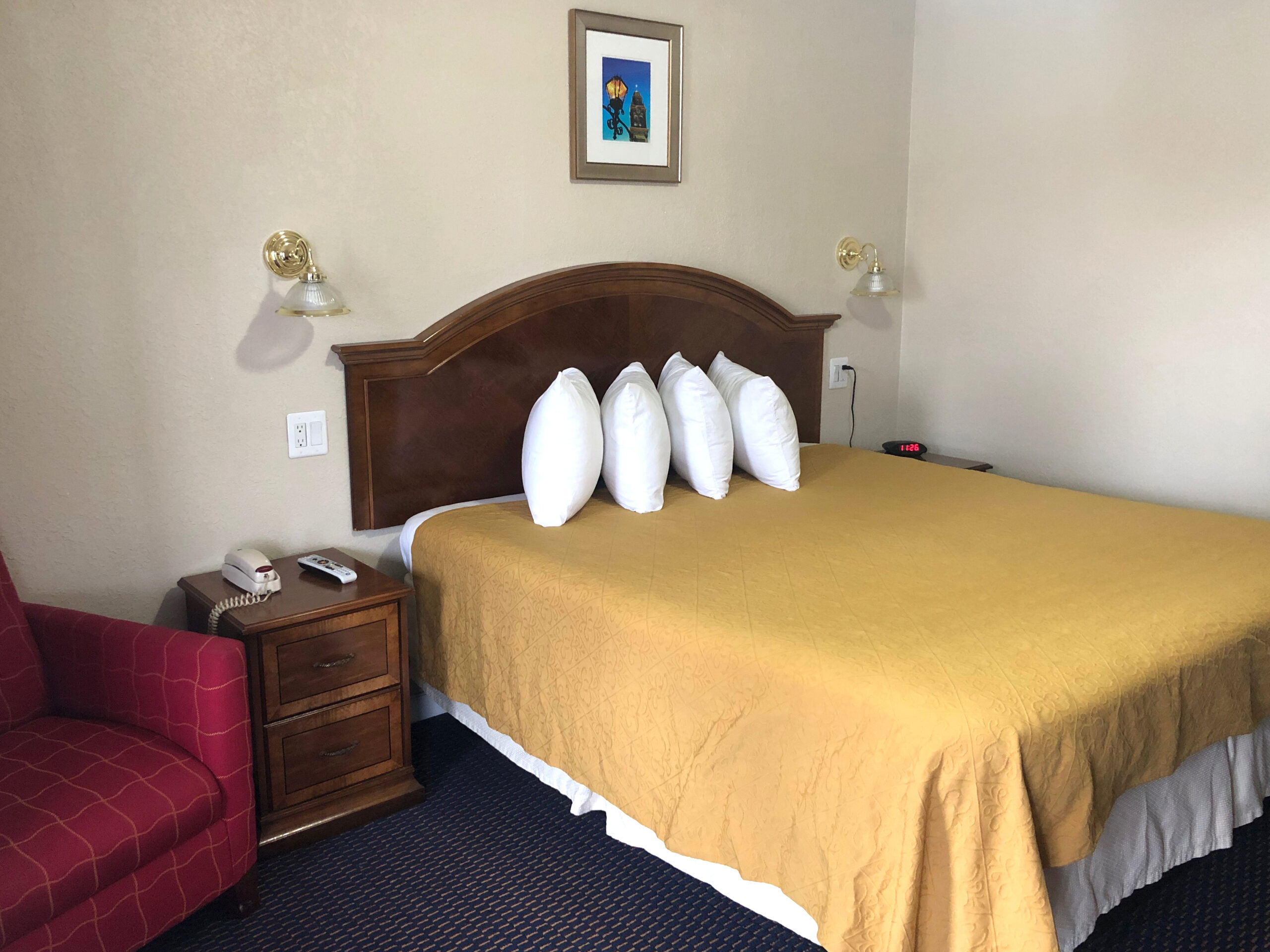 Hotel room with a king bed.
